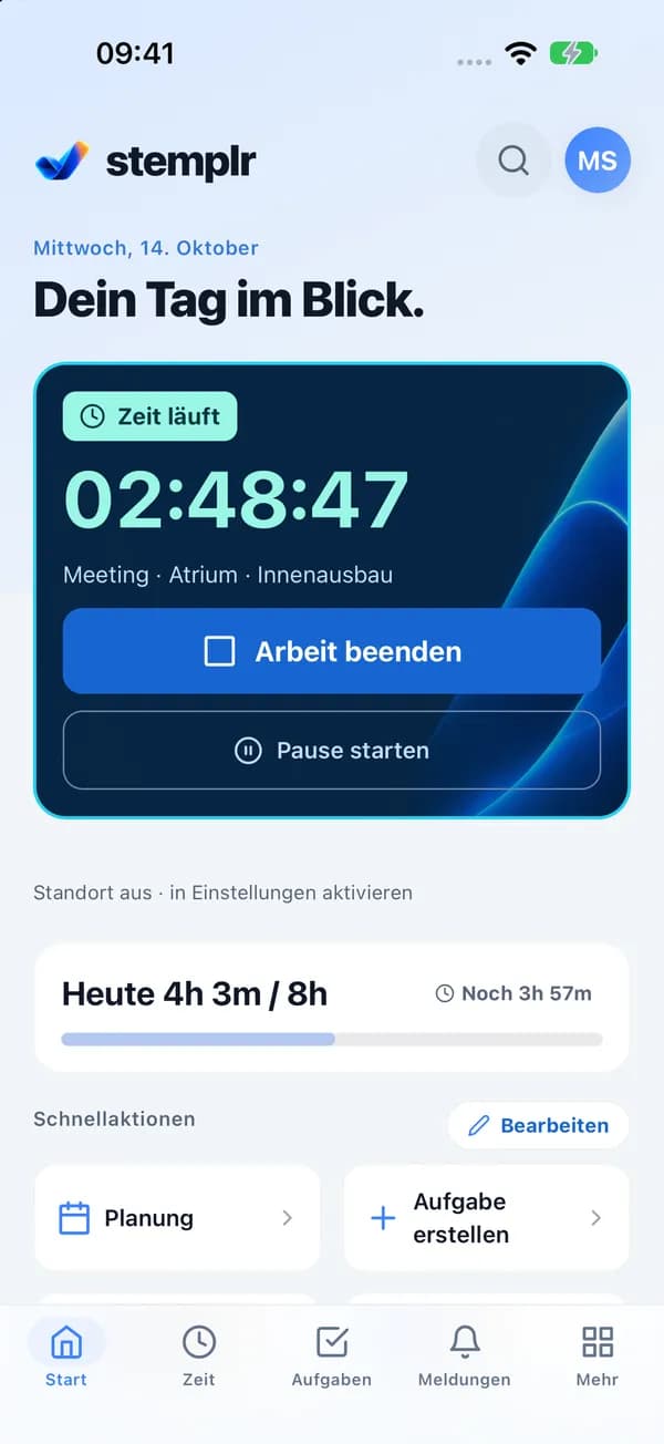 stemplr App: Zeiterfassung mit Arbeitsstatus und Tagesfortschritt